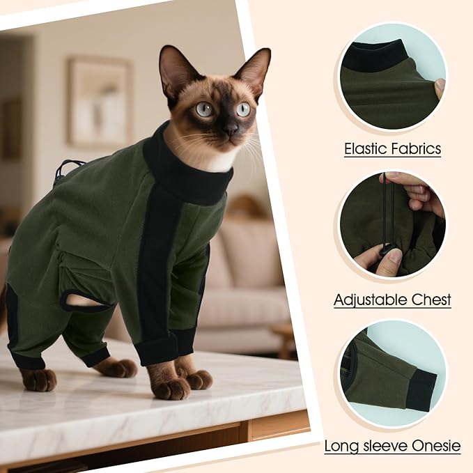 DENTRUN Cat Clothes with Anti-Shedding Fabric - Soft Recovery Suit & Breathable Lint-Resistant Cat Sweater for Wound Care & Hair Control, Kitten Onesie Pajamas, XL, Army Green