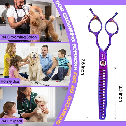 JASON Dog Scissors for Grooming - 7.5" Chunker Scissors for Dog Grooming, Japanese 440C Stainless Steel Chunking Shears with Diamond Adjustable Screw (18 Teeth, Purple) Christmas Gift