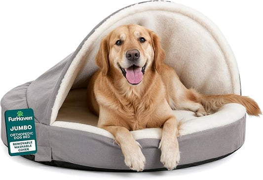 Furhaven 44" Round Orthopedic Dog Bed for Large Dogs w/ Removable Washable Cover, For Dogs Up to 80 lbs - Sherpa & Suede Snuggery - Gray, 44-inch