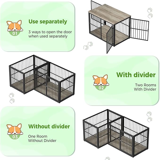 Lyromix 43'' L-Shaped Corner Dog Crate Furniture Large Breed with Double Rooms,Wooden Dog Crate End Table Indoor with Removable Divider for Small to Medium Dogs, Can Use Separately