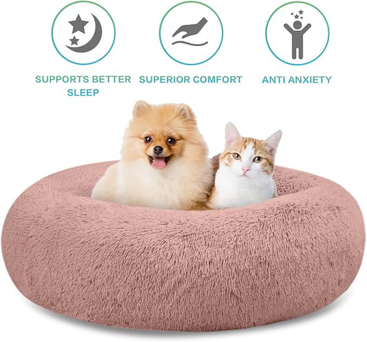 SAVFOX Plush Calming Dog & Cat Bed - Donut Shaped, Multiple Sizes S-XXL, Comfortable Cuddler in Washable Faux Fur