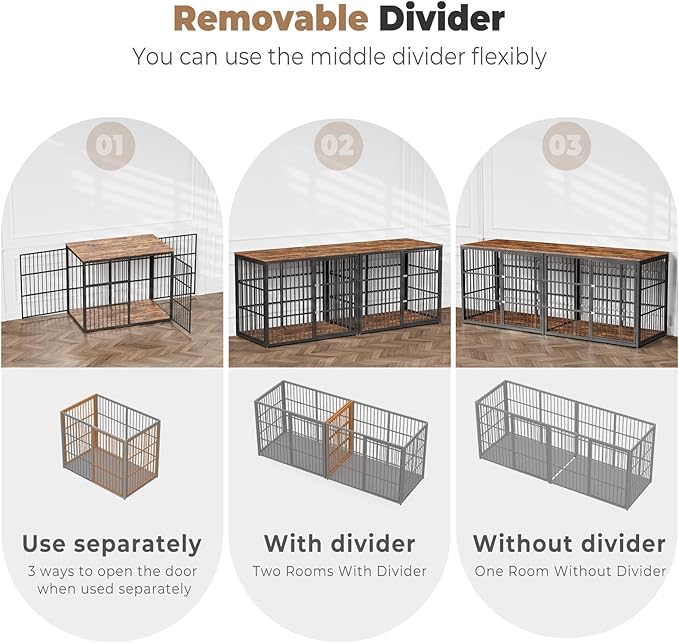 Lyromix 94.48'' Dog Crate Furniture Large Breed TV Stand with Double Rooms,Wooden Dog Kennel Dog Crate End Table with Removable Divider for Large Medium Dogs, Can Use Separately