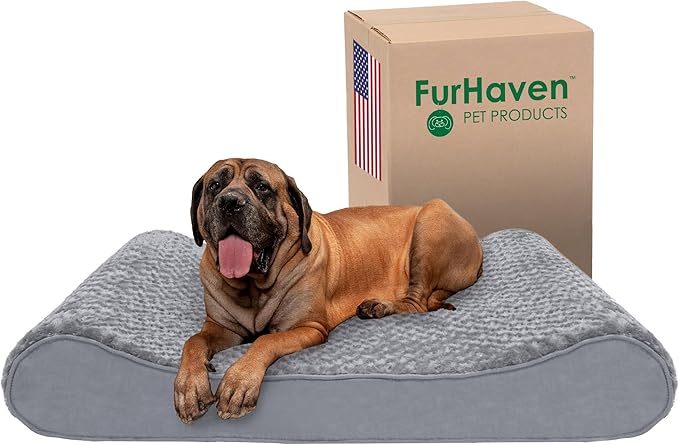 Furhaven Cooling Gel Dog Bed for Large Dogs w/ Removable Washable Cover, For Dogs Up to 150 lbs - Ultra Plush Faux Fur & Suede Luxe Lounger Contour Mattress - Gray, Jumbo Plus/XXL
