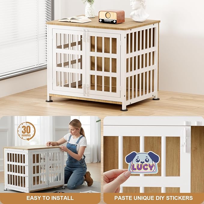 26" Dog Crate Furniture for Small Dogs, Heavy Duty Dog Cage for Small & Medium Dogs with Wheels, Indoor Puppy Crate, 26.6"L x 20.9"W x 23.8"H, Decorate House as TV Stand, End Table — Natural and White
