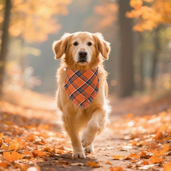 PTDECOR Fall Dog Bandanas with Tassels Edges, Orange and Brown Plaid Scarf Bib, Halloween Thanksgiving Autumn Pet Bandana, Reversible Triangle Bandanas for Extra Large Dogs (X-Large)
