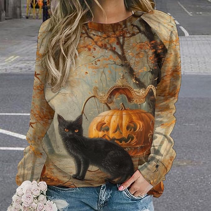 Womens novelty funny cat printed crewneck sweatshirt casual loose long sleeve graphic pullover sweatshirts tops