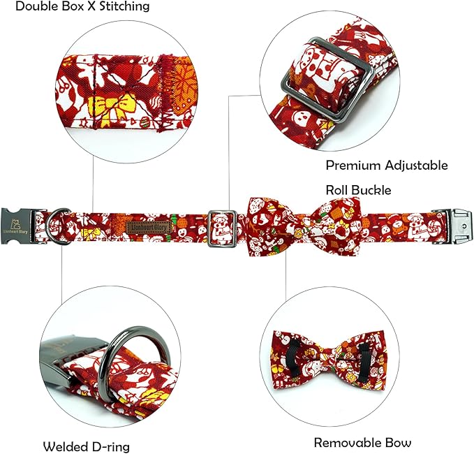 Lionheart glory Dog Bow Collar Red Christmas Santa Deer Print Dog Collar for Large Dogs Adjustable Soft Sturdy Girl or Boy Collars with Bowtie Fall Collar Bows