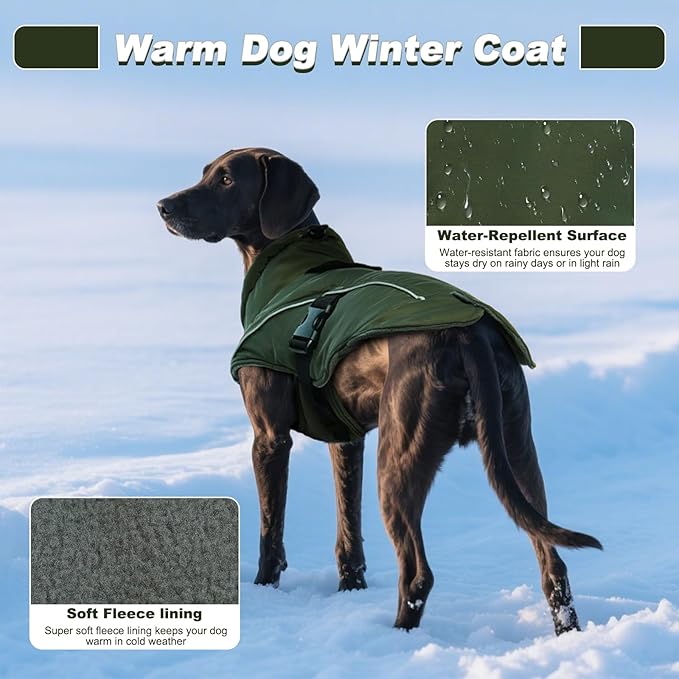 DENTRUN Winter Warm Dog Coat Reflective Jacket with Turtleneck for Cold Weather, Adjustable Buckle Windproof Water Repellent, Thick Snowsuit Fleece Vest for Small, Medium, Large Dogs, Green, XL