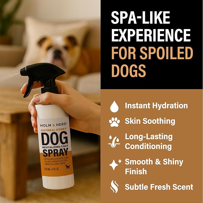 Holm & Herd Dog Deodorizing Spray – Long-Lasting Dog Coat Perfume, Leave-In Conditioner for Soft, Shiny Fur – Pet Cologne for Dogs - Oatmeal Honey 8oz