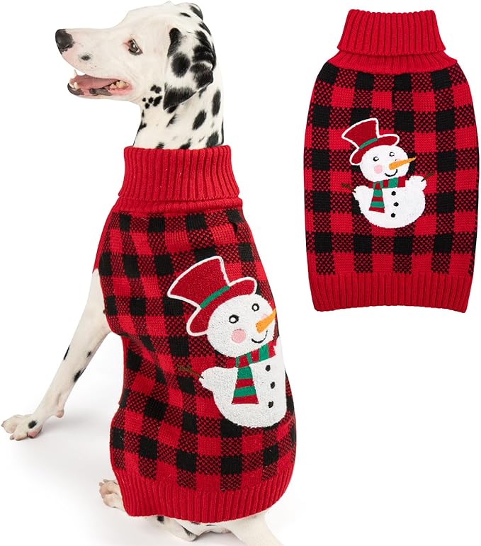 KYEESE Dog Christmas Sweater with Snowman Design, Turtleneck Dog Sweater for Medium Dogs, Cozy Holiday Outfit, Red Buffalo Plaid Knitwear with Leash Hole, Soft Warm Pet Clothes, XX-Large
