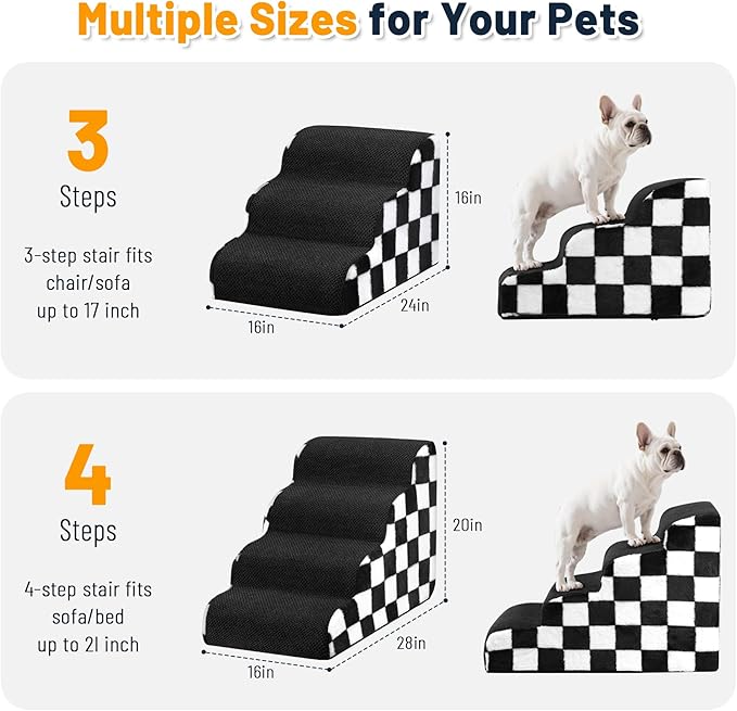 Dog Stairs for Bed,Dog Steps for Bed and Couch, Non-Slip Balanced Pet Ramp Indoor, Checkerboard Pattern. 15.7inches H, 3-Step
