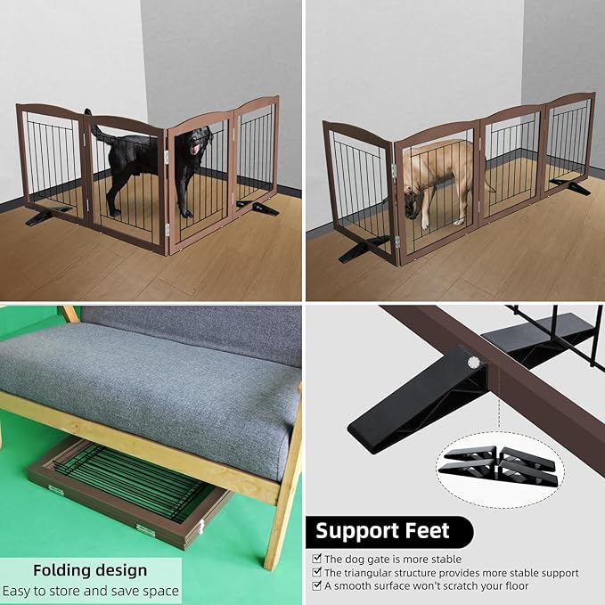 ZJSF Freestanding Dog Fence Indoor, Foldable Dog Gate for Doorways, Stairs or Hallways, Sturdy Wood Extra Wide Pet Gate with Support Feet for The House, Brown, 24 "Height-2 Panels