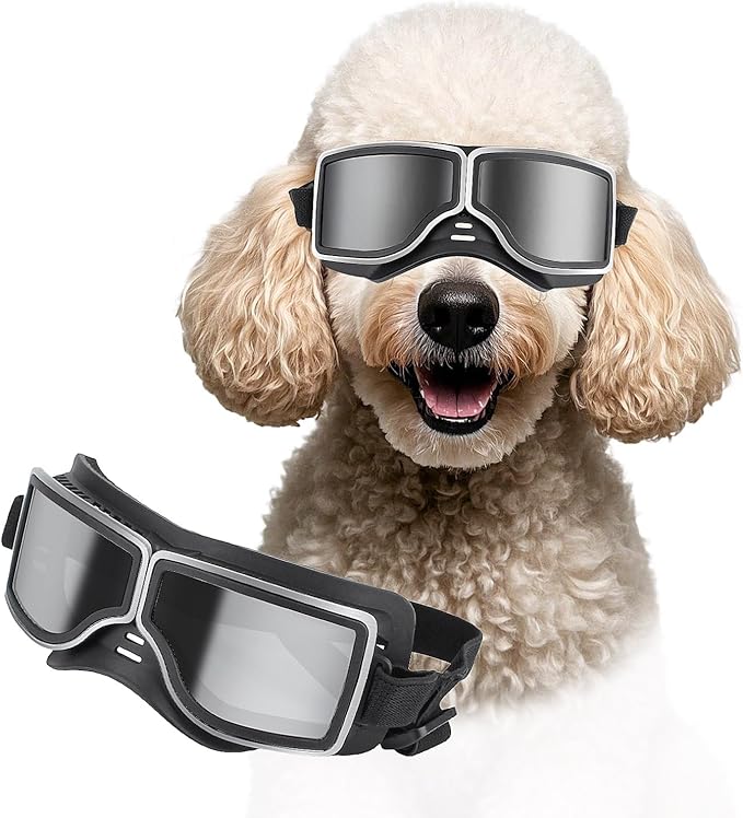 PETLESO Dog Goggles Medium Large Breed, UV400 Dog Sunglasses for Pet Outdoor Riding Driving Hiking, Windproof Snowproof Eyes Protection, Breathable Frame Adjustable Strap, Black