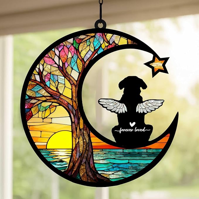 Personalized Loss of Dog Sympathy Gift, Custom Dog Memorial Suncatcher, Dog Memorial Gift, Loss of Dog Gift, Pet Remembrance Gift, 5.2" (Tree & Sea)