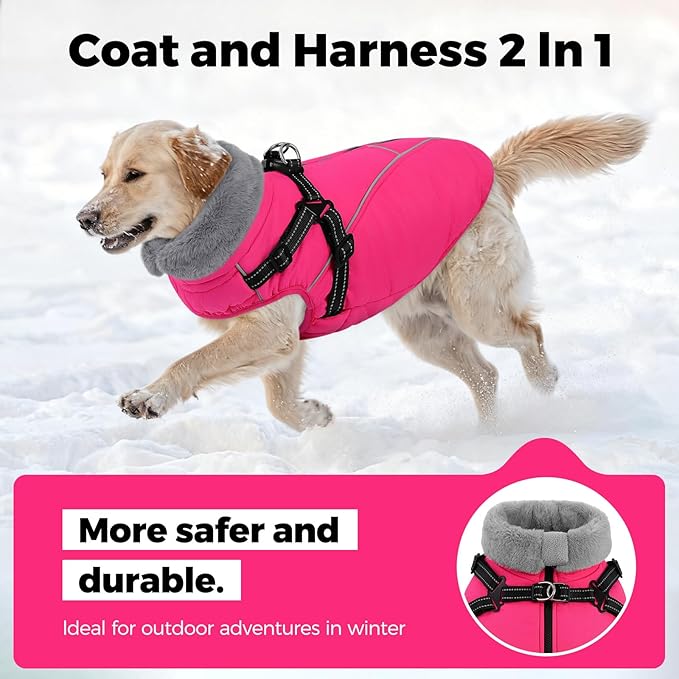 Queenmore Dog Jackets for Large Dogs, Dog Coat with Harness Built in,Waterproof Dogs Coats with Zipper On Back,Warm Fleece Lining Cold Weather Pet Coats with Furry Collar for Labrador,Rosered,L