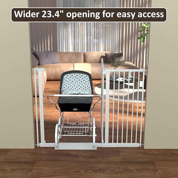 WAOWAO 1.37" Ultra Narrow Spacing Extra Wide Dog Pet Gate 53.74-61.61" Pressure Mounted Walk Through Double Lock Swing Auto Close Safety White Metal Toddler Baby Puppy Pet for Indoor,Doorway,Kitchen