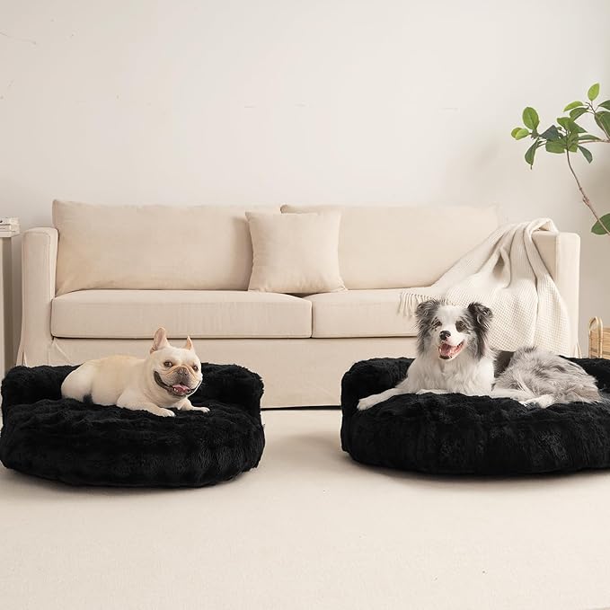EHEYCIGA Large Dog Bed Sofa – Fluffy Faux Rabbit Fur Pet Couch for Medium and Large Dogs, Washable Removable Cover, Waterproof and Non-Slip, 36 Inch, Black