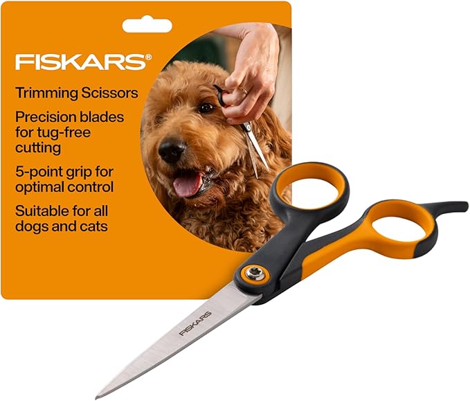 Fiskars Pet Trimming Scissors, Dog & Cat Grooming Scissors, Precision Stainless Steel Blades & SoftGrip™ Handle, 6.75”, Orange/Black