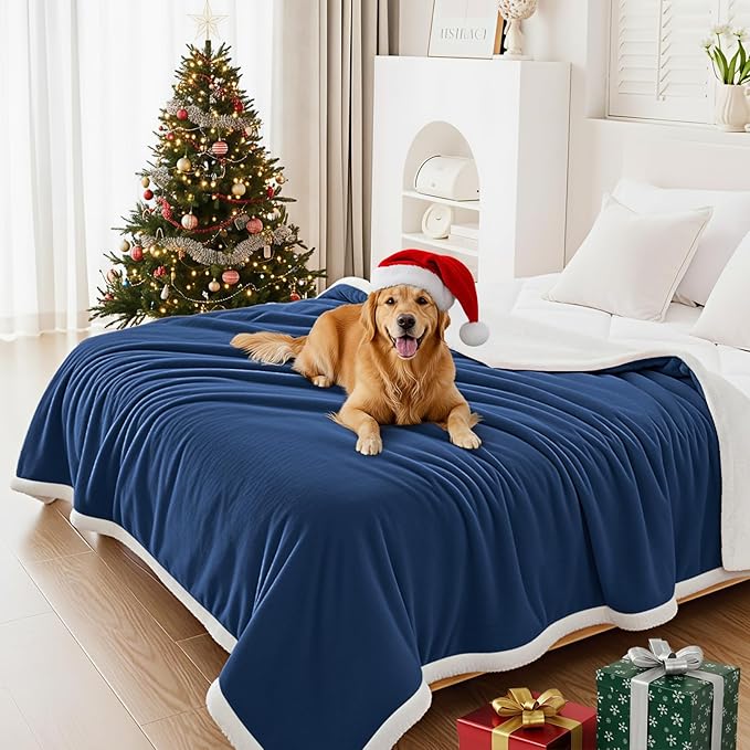 Smiry Waterproof Blanket Throw for Large Dogs, Soft Reversible Dog Blanket for Sofa Couch Bed, Washable Leakproof Sherpa Fleece Furniture Couch Protector(60"x80", Navy/White)