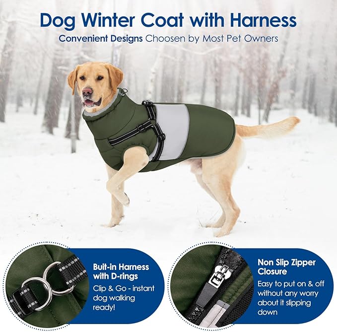KOESON Dog Coat, Warm Dog Winter Coat for Giant Breeds, Waterproof Dogs Jacket with Harness, Reflective Pet Fleece Lined Puffer Jacket, Turtleneck & Windproof Coats for Great Dane, Golden Retriever