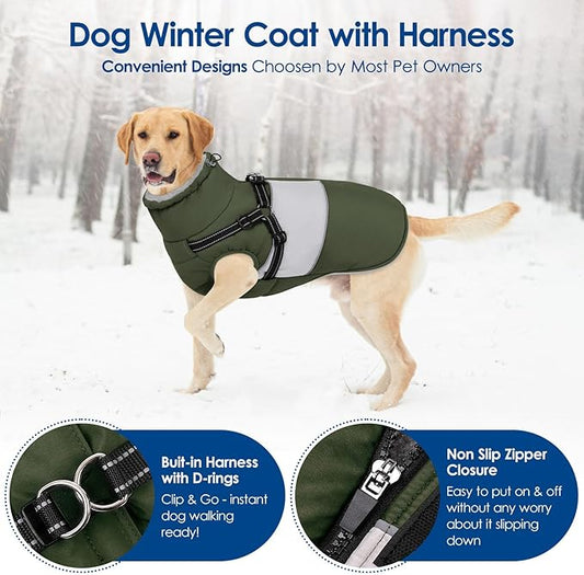KOESON Large Dog Coat, Warm Dog Winter Coat Cold Weather Jacket with Built-in Harness and Reflective Straps, Windproof Pet Puffer Jacket Zip Up Fleece Vest for Pitbull, Husky, Army Green L
