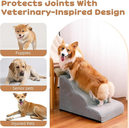 Makigued Dog Stairs for Small Dogs and Cats, 16" H 3 Steps Pet Steps Ramp for High Bed, Couch, Sofa, Waterproof Pet Stairs with Removable Washable Cover, Non-Slip Bottom, Light Gray