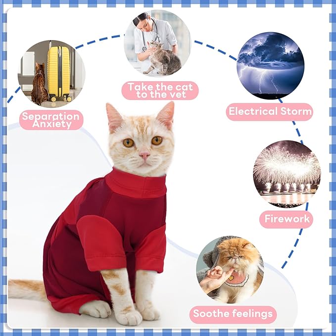 Cat Anxiety Relief Clothes, Adjustable Calming Shirt Suitable for Small Cats, Ideal for Thunderstorms, Fireworks, Separation, Travel, Loud Noises, Anti-Anxiety Comfortable Wrap, Red Small