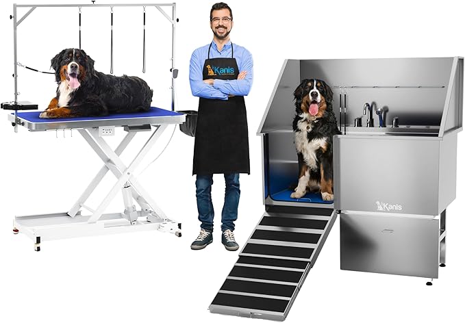 KANIS - 50" Professional Stainless Steel Dog Bathing Station, Left RAMP + 49" Professional Electric Dog Grooming Table, White
