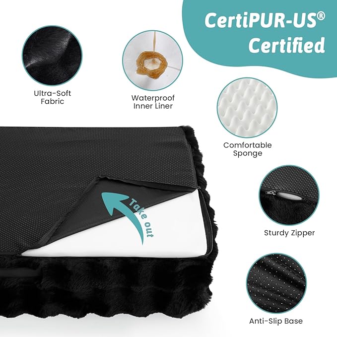 Orthopedic Dog Bed for Large Medium Size Dog, Faux Fur Pet Sofa, Foam Bolster Couch with Waterproof Lining Cover, Anti-Slip, Soft, Warm, Washable, C-Shaped, L 36x27x6.5 inch, Black