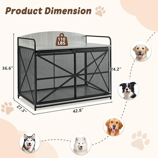 Large Furniture Dog Crate, Dog Kennel Indoor, Wood Dog Cage Table, Heavy Duty Dog Crate, Sturdy Metal,Gray