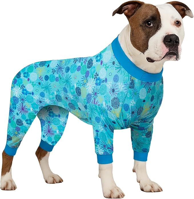 LovinPet Dog Sweatshirts for Size Large Boy Dogs, Pet Anxiety Calming Shirt, Pajamas for Pitbulls,Sea Plants Turquoise Print, Pitbull Clothes, Pajamas for Large Dogs, 3XL