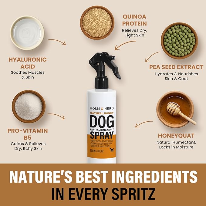 Holm & Herd Dog Deodorizing Spray – Long-Lasting Dog Coat Perfume, Leave-In Conditioner for Soft, Shiny Fur – Pet Cologne for Dogs - Oatmeal Honey 8oz