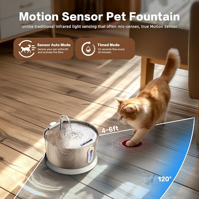 Battery Operated Cat Water Fountain Wireless, 4L/135oz Stainless Steel Pet Fountain for drinking Dog Water Dispenser Cordless with Motion Sensor, Ultra-Quiet Pump & for Cats Inside, Dog, Multiple Pets