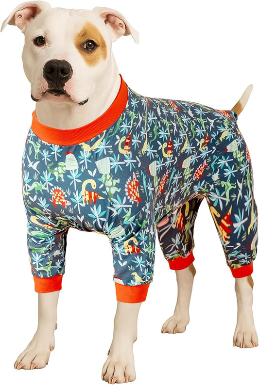 LovinPet Dog Sweatshirt, Lightweight Stretchy Fabric, Dark Green Dinosaur Print, Sun Protection, Pet Anxiety Relief Shirt, Easy Wearing Dog Onesie, Dog Costume for Parties,2XL