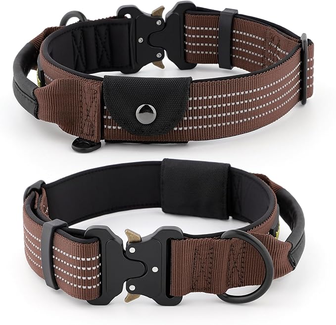 Plutus Pet Tactical Dog Collar with Tracker Pocket for AirTag, Adjustable Reflective Nylon Collar, Metal Buckle, Leather-Wrapped Handle, Soft Padded for Medium Large Dogs (Chocolate, S)