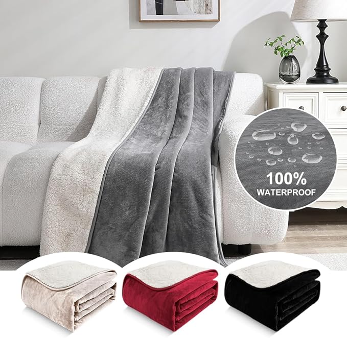 Waterproof Blanket for Couples – Ideal for Couch & Bed Splash Proof Sherpa Throw, Leakproof TPU Layer, Stain Resistant Washable Bed Protector – Light Gray, 80" x 60"