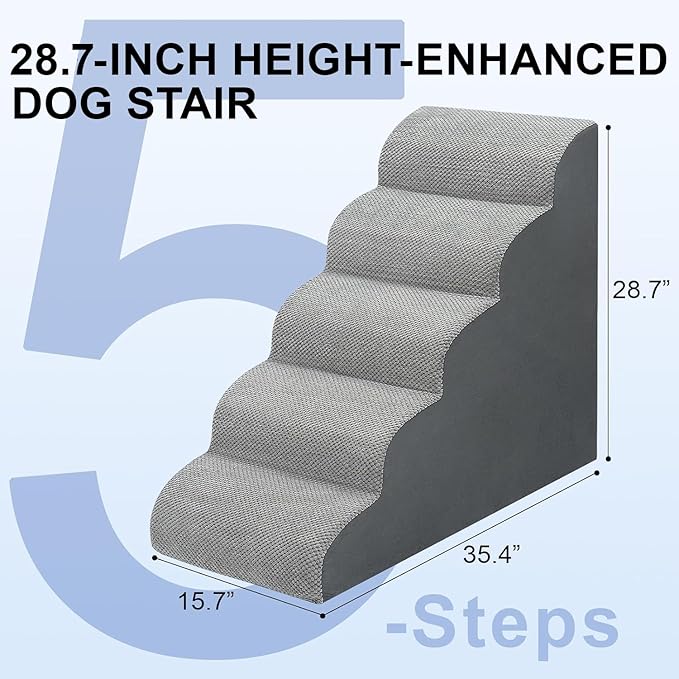 Dog Stairs for Bed 28.7”H, 5-Step Dog Ramp, Non-Slip Sturdy Pet Steps for Small Dogs & Cats to get on High Bed or Couches, Grey