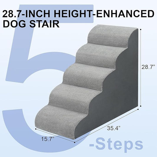 Dog Stairs for Bed 28.7”H, 5-Step Dog Ramp, Non-Slip Sturdy Pet Steps for Small Dogs & Cats to get on High Bed or Couches, Grey