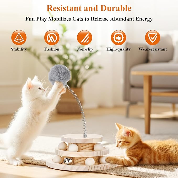 SMICEM Cat Toy Track Ball with Bell Teaser Wand - Double-Layer Tower Roller, Interactive Wooden Cat Toy for Mental & Physical Exercise, Double Fun for Kittens & Cats