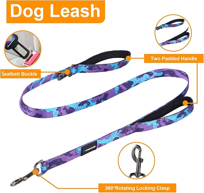 Annchwool No Pull Dog Harness,Collar & Leash Set|Dog Harness with Handle+Heavy Duty Dog Collar+Dog Leash with Double Handle & Car Seatbelt Clip|Easy for Walking Medium Large Size Dogs(Camo Purple,M)