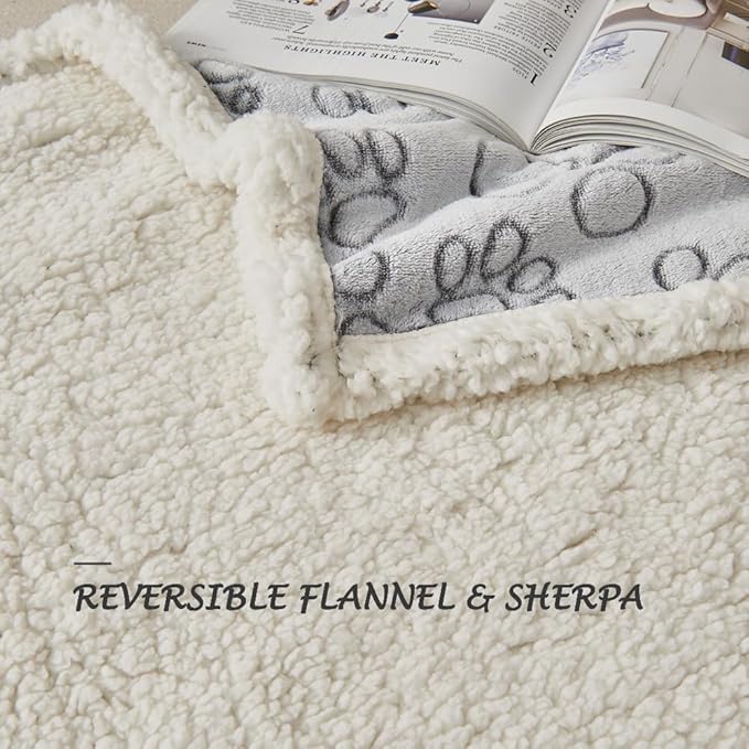 Qeils Dog Blankets for Small Dogs - Waterproof Pet Blanket Washable - Sherpa Fleece Puppy Blanket, Soft Plush Reversible Dog Blanket for Bed Couch Car Sofa, 40"X50", Grey Paw Print