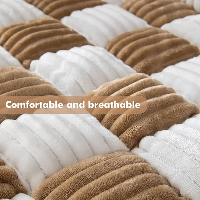 LiveGo Fuzzy Pet Couch Covers for Sofa, Dog Couch Cover Fuzzy Sofa Cover Cream Square Plaid Dog Bed Plush Dog Mat for Furniture Protector for Large Medium Dogs and Cats (Light Brown, 35.4"*35.4")