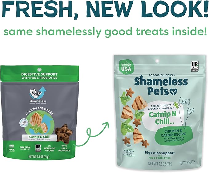 Shameless Pets Crunchy Cat Treats - Catnip Treats for Cats with Digestive Support, Natural Ingredients Kitten Treats with Real Chicken, Healthy Flavored Feline Snacks - Catnip N Chill, 3-Pk