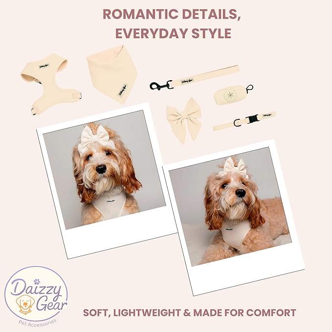 Medium Dog Harness Set – Cute No Pull, All Weather, Breathable Harness and Leash Set with Collar, Bandana, Sailor Bow & Poop Bag Holder – Adjustable, Soft & Stylish - Cream Hearts on Jacquard Fabric