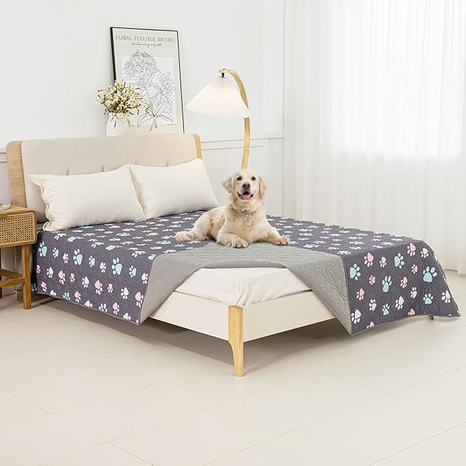 BOCTOPUG Dog Bed Cover for Pets Blankets Rug Pads for Couch Protection Waterproof Bed Covers Dog Blanket Furniture Protector Reusable Changing Pad (Dark Grey+Colorful Paw, 52"x82")