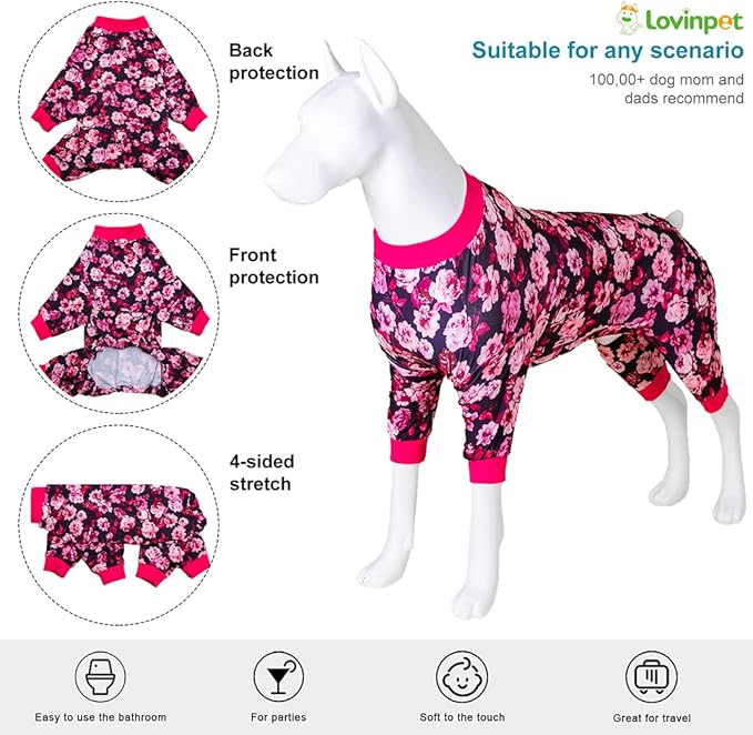 LovinPet Dog Pjs Pitbull Boy - Pet Anxiety Relief Onesies, Sun Protection Dog Shirt, Comfy Stretchy Fabric, Berry Roses Print, Big Dog Surgery Recovery Pajamas, Pitbull Clothes, Pink M