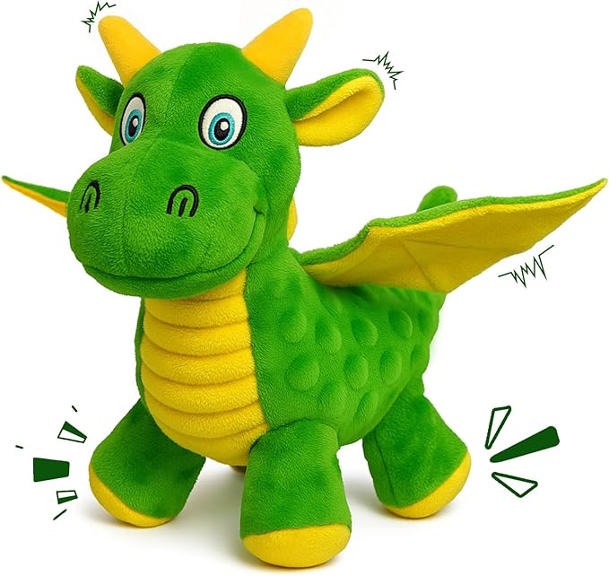 Squeaky Dog Toys - Soft Plush Dragon Dog Toy with 5 Squeakers & Crinkle Paper, Dog Toys for Small, Medium and Large Dogs to Keep Them Busy (Green,10")