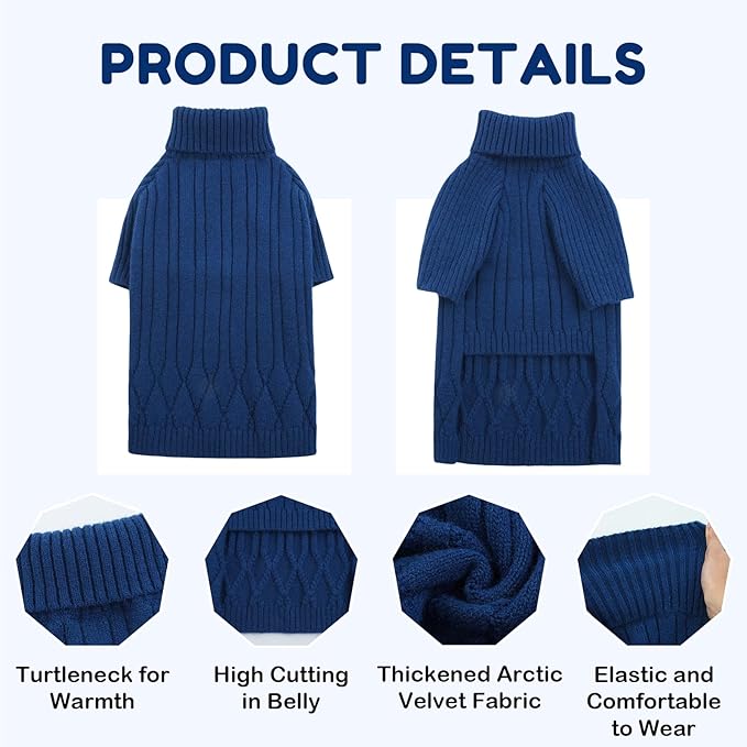 Large Dog Sweater - Turtleneck Thick Warm Doggie Christmas Sweater for Girl or Boy Dogs (Blue L)
