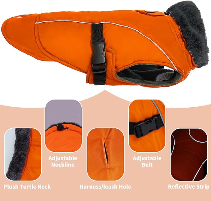 DENTRUN Winter Warm Dog Coat Reflective Jacket with Turtleneck for Cold Weather, Adjustable Buckle Windproof Water Repellent, Thick Snowsuit Fleece Vest for Small, Medium, Large Dogs, Orange, XL