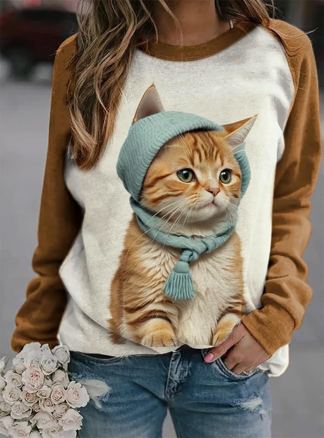 IVERIRMIN Womens 3D Cat Crewneck Sweatshirts Casual Cute Long Sleeve Shirts Pullover Tops Graphic Loose Fit Sweater for Women